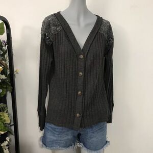 Maurice’s Button Front Gray‎ Cardigan Sweater Lace Shoulders size medium